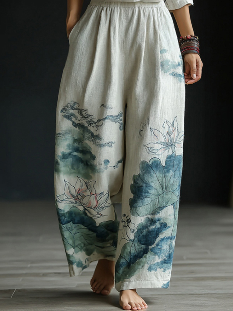 Japanese-style Lotus Pattern Linen Trousers