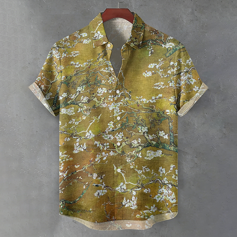 Men's Retro Floral Print Casual Short-sleeve Linen Shirt