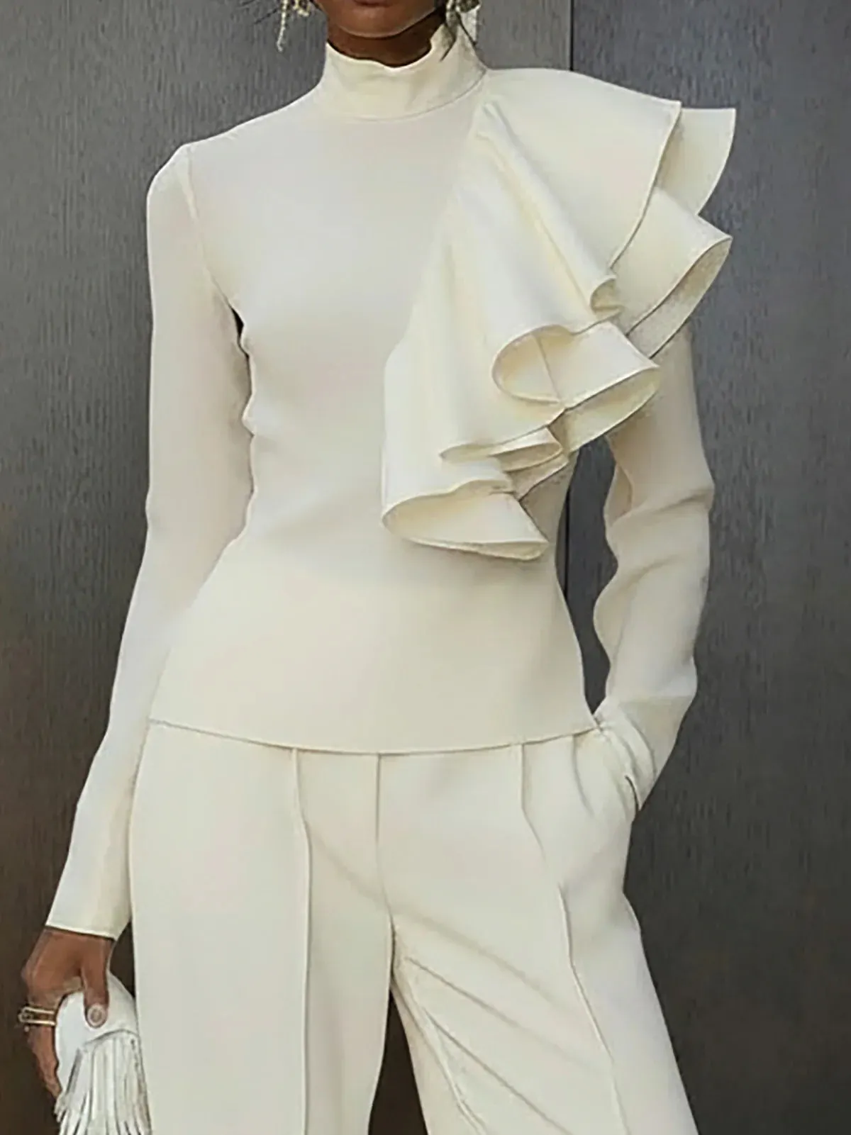 Elegant White Ruffle Top And Wide-Leg Pants Set