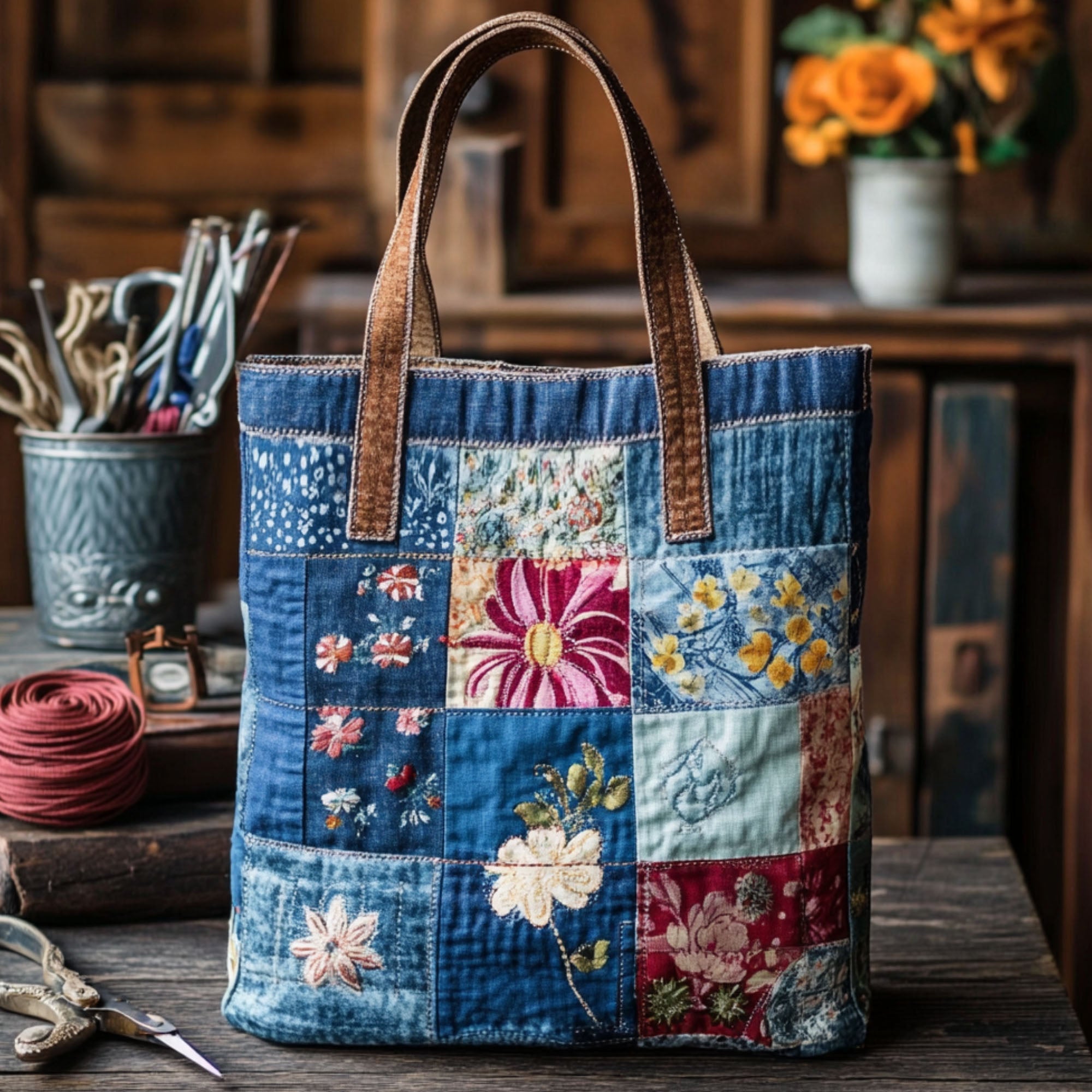Rustic Floral Patchwork Quilted Tote Bag