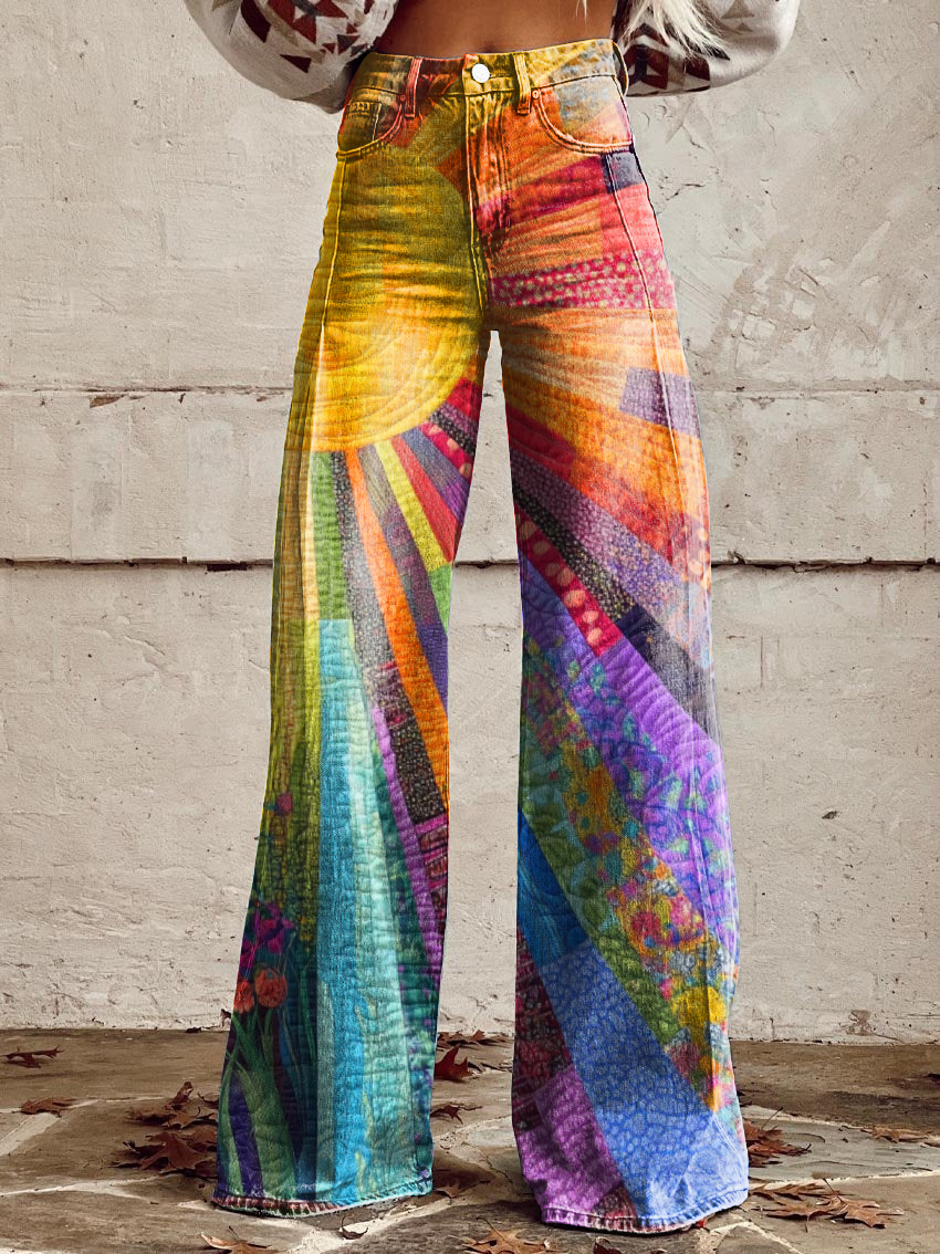 Retro Colorful Sun Print Casual Wide-Leg Pants