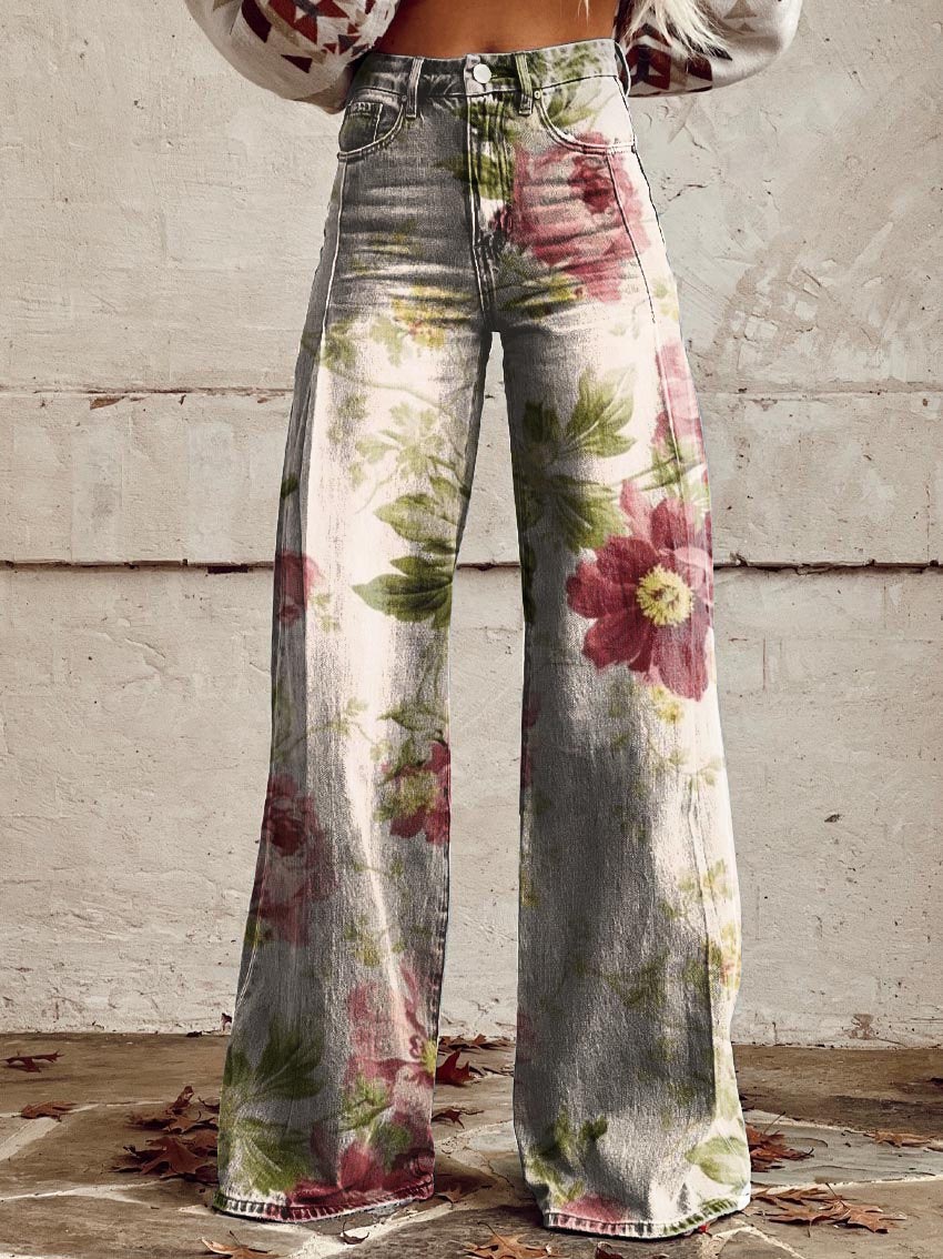 Vintage Floral Print Wide-Leg Pants