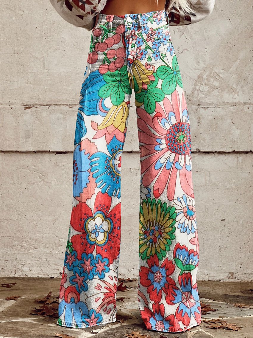 Vintage Stamens Print Casual Wide-Leg Pants