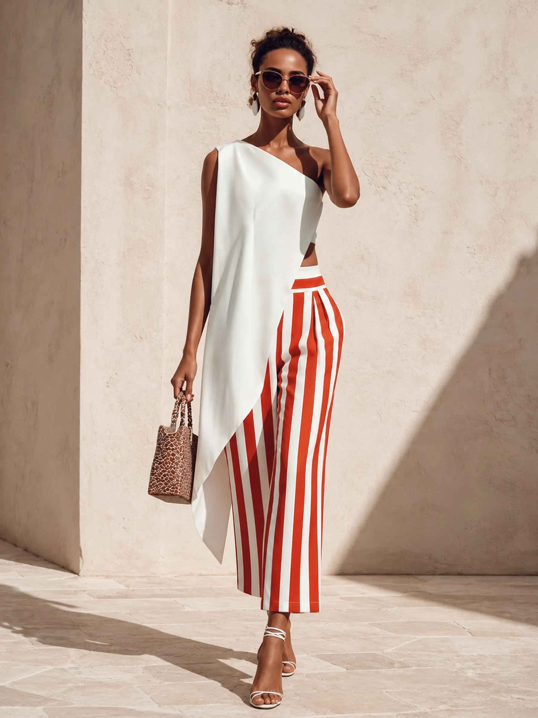Sunset Stripes Asymmetrical One-Shoulder Two-Piece Set Effortless Vacation Glam
