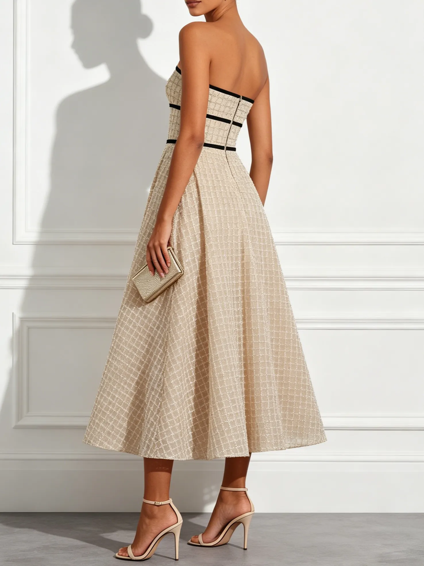Champagne Glitter Strapless Sleeveless A-Line Midi Dress