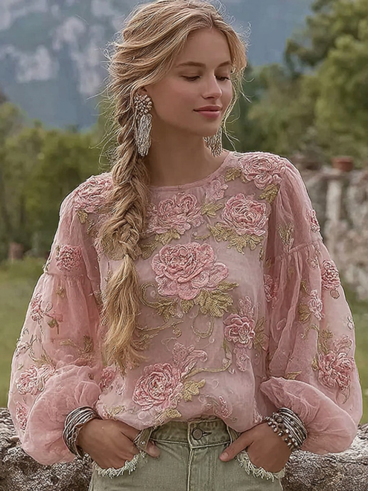 Elegant Bohemian-style Pink Rose Embroidered Comfortable Casual Waist-cinching Top
