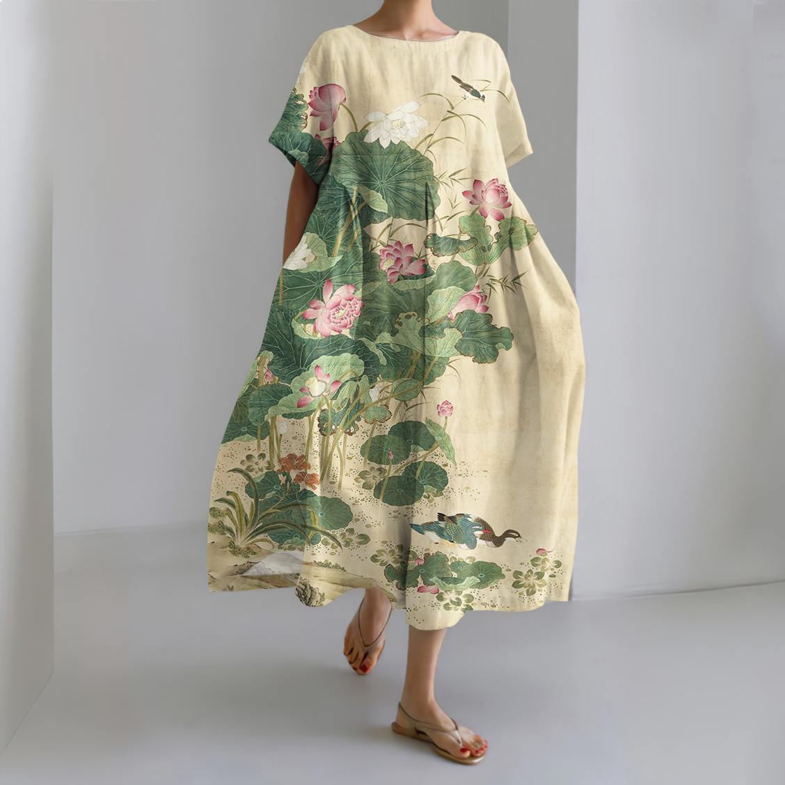 Japanese Art Floral Print Short Sleeve Midi Dress