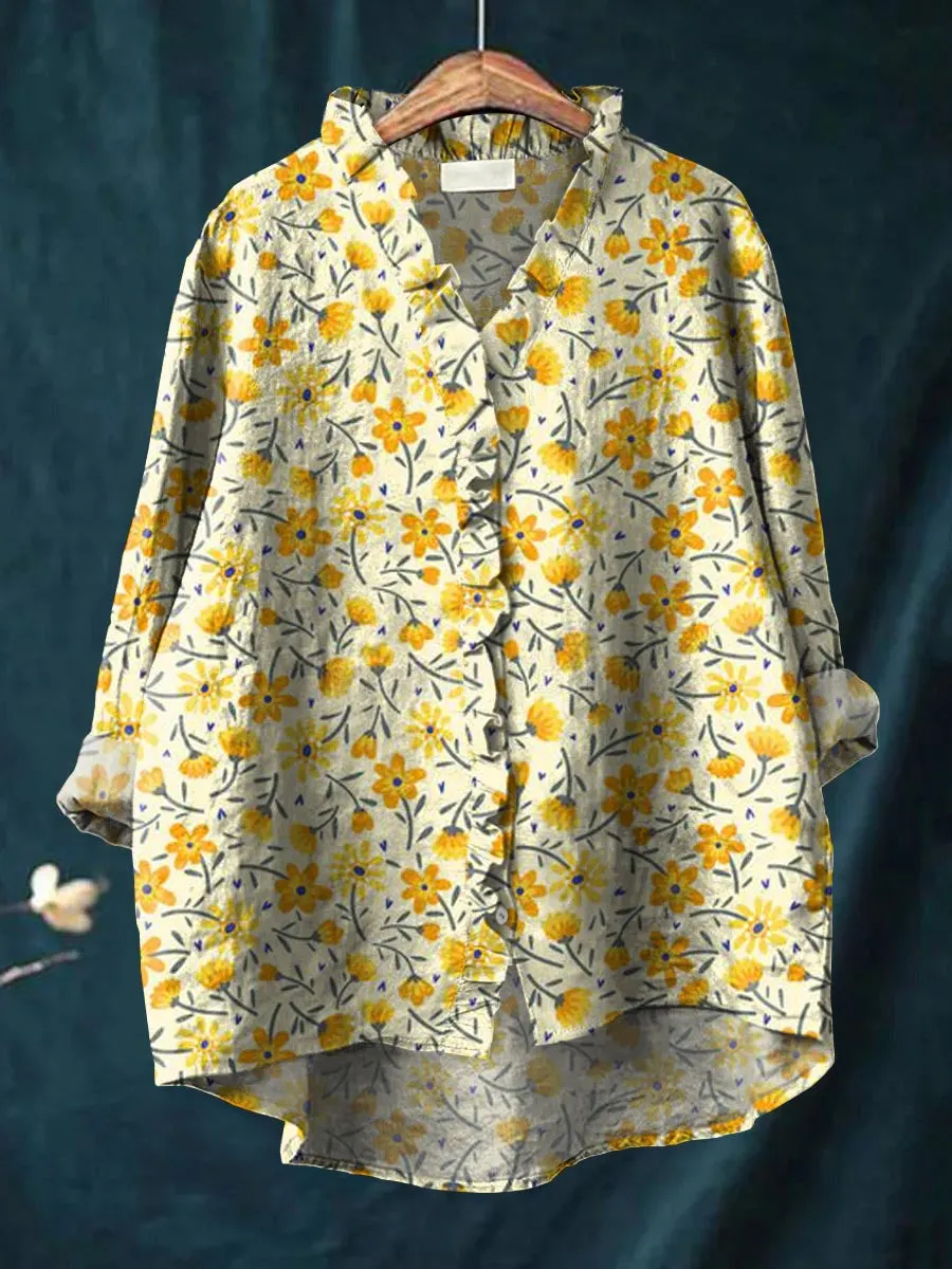 Lovely Floral Art Print Casual Cotton & Linen Ruffle Shirt