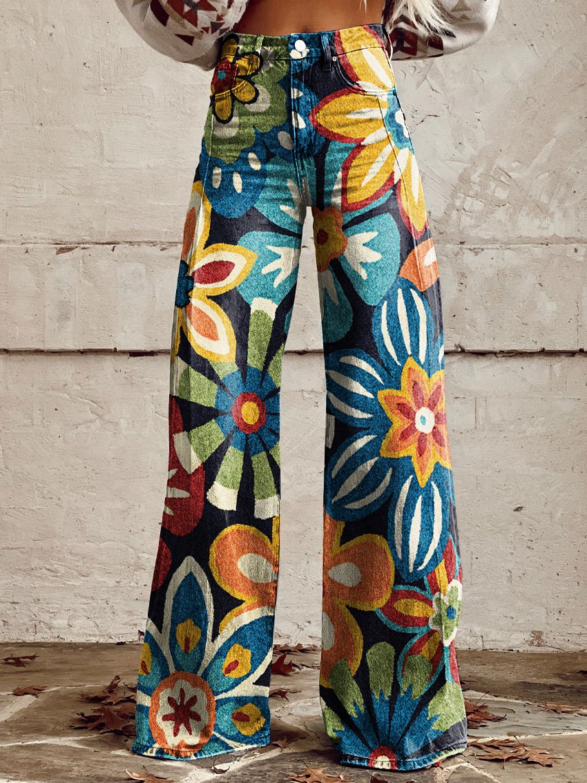 Vintage Wild West Print Casual Wide-Leg Pants