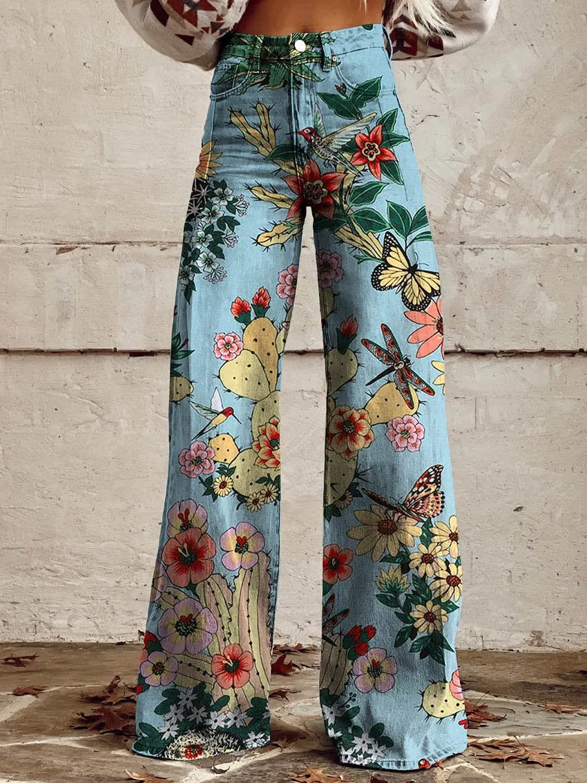 Hacienda Cactus Print Casual Wide-Leg Pants