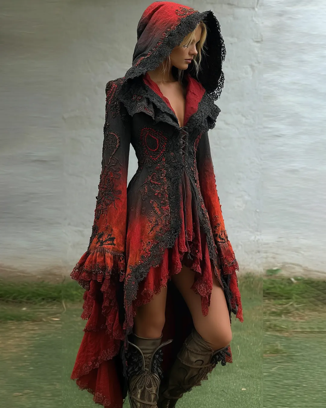 Bohemian style Irregular Gradient Lace Patchwork Hooded Evening Dress b02a