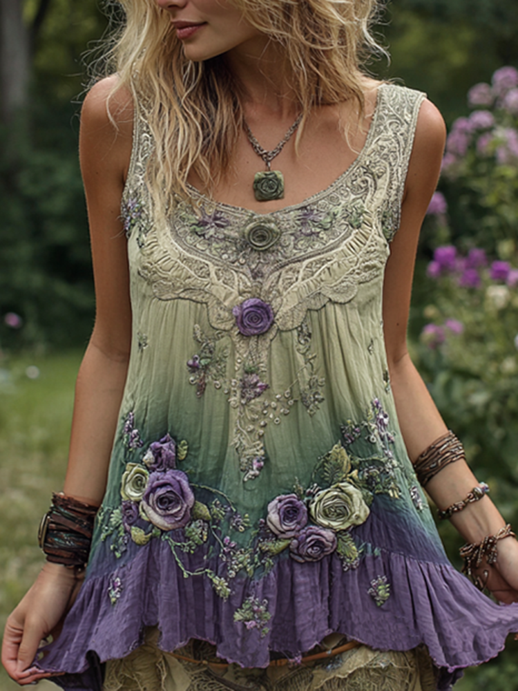 Vintage Classy Gradient Purple Lavender And Floral Embroidered Pattern Tank Top