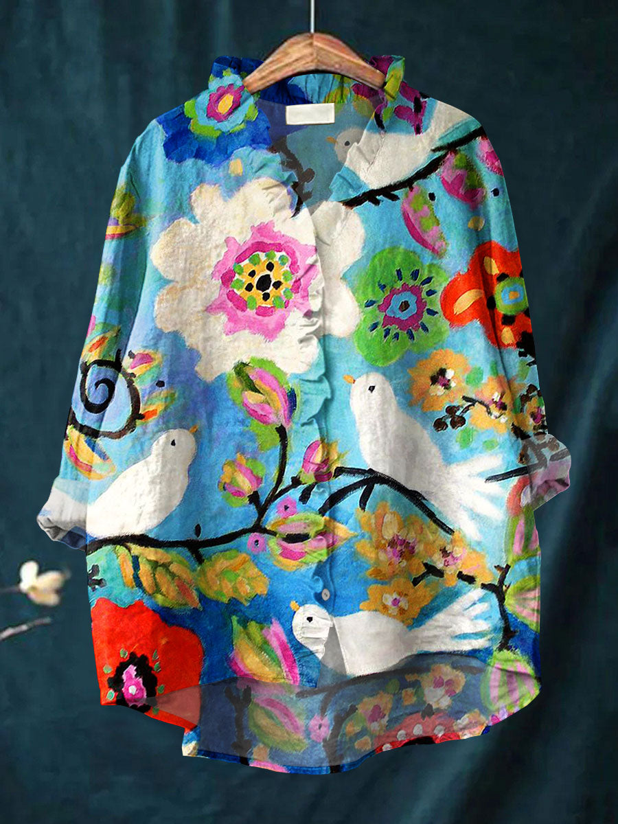 Vintage Floral Bird Art Print Casual Cotton & Linen Ruffle Shirt