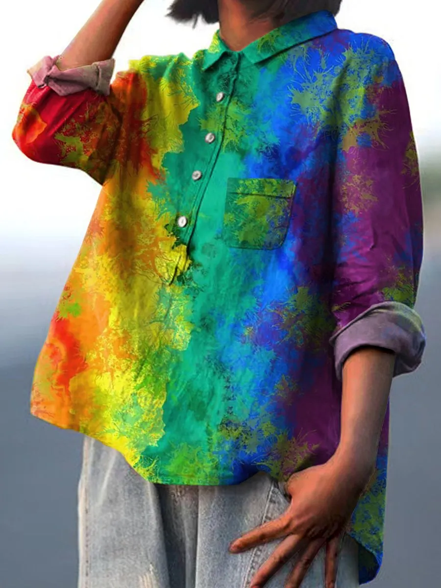 Rainbow Color Splash Paint Pattern Printed Women's Casual Cotton & Linen Shirt