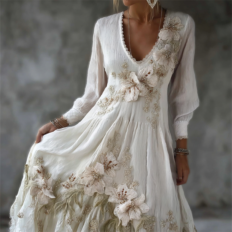 Vintage Lily Flowers Lace V Neck Maxi Dress