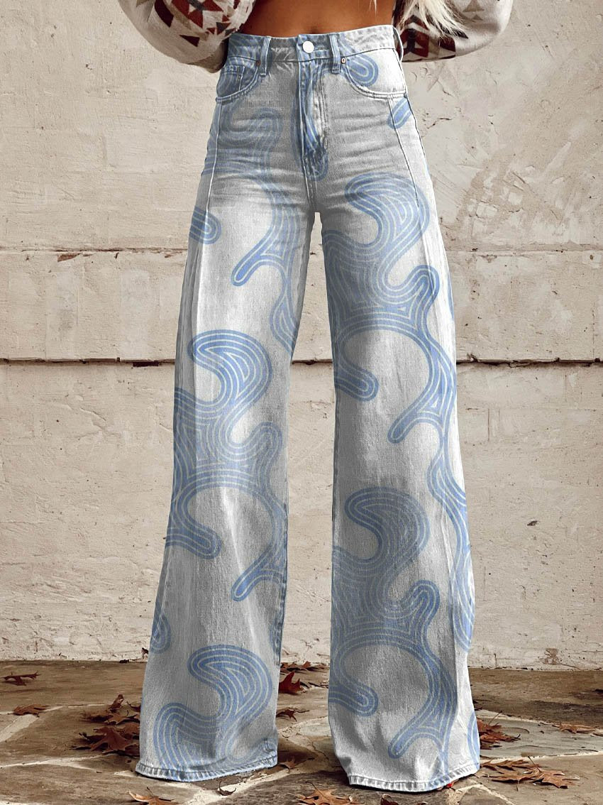 Baby Blue Print Casual Wide-Leg Pants