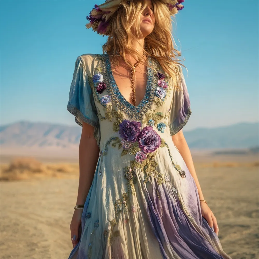 Bohemian Gradient Floral Women's Linen V-neck Maxi Flowy Dress