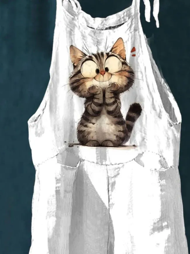 Cat Art Print Colorful Art Casual Wide-Leg Jumpsuit