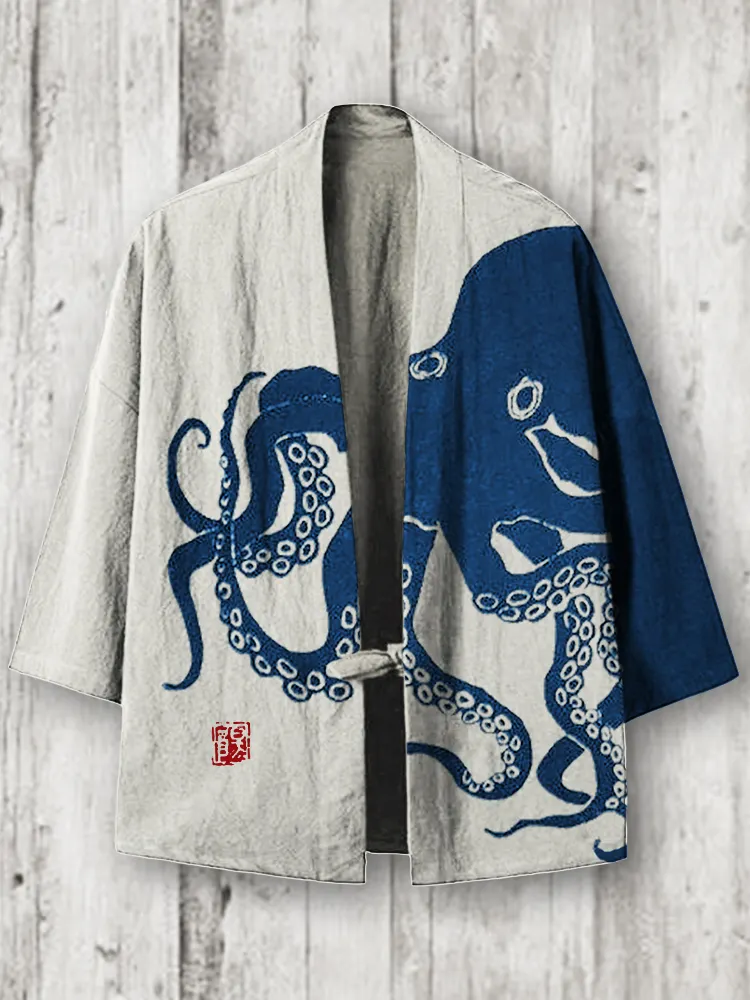 Octopus Japanese Lino Art Contrast Linen Blend Kimono Cardigan