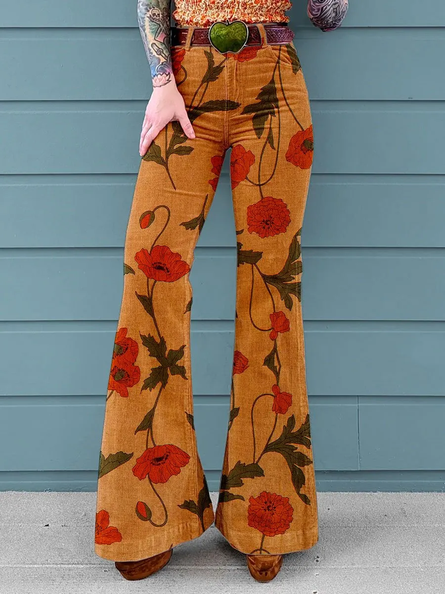 Vintage Flower Print Mid Waist Buttoned Hem Bootcut Jeans Without Belt