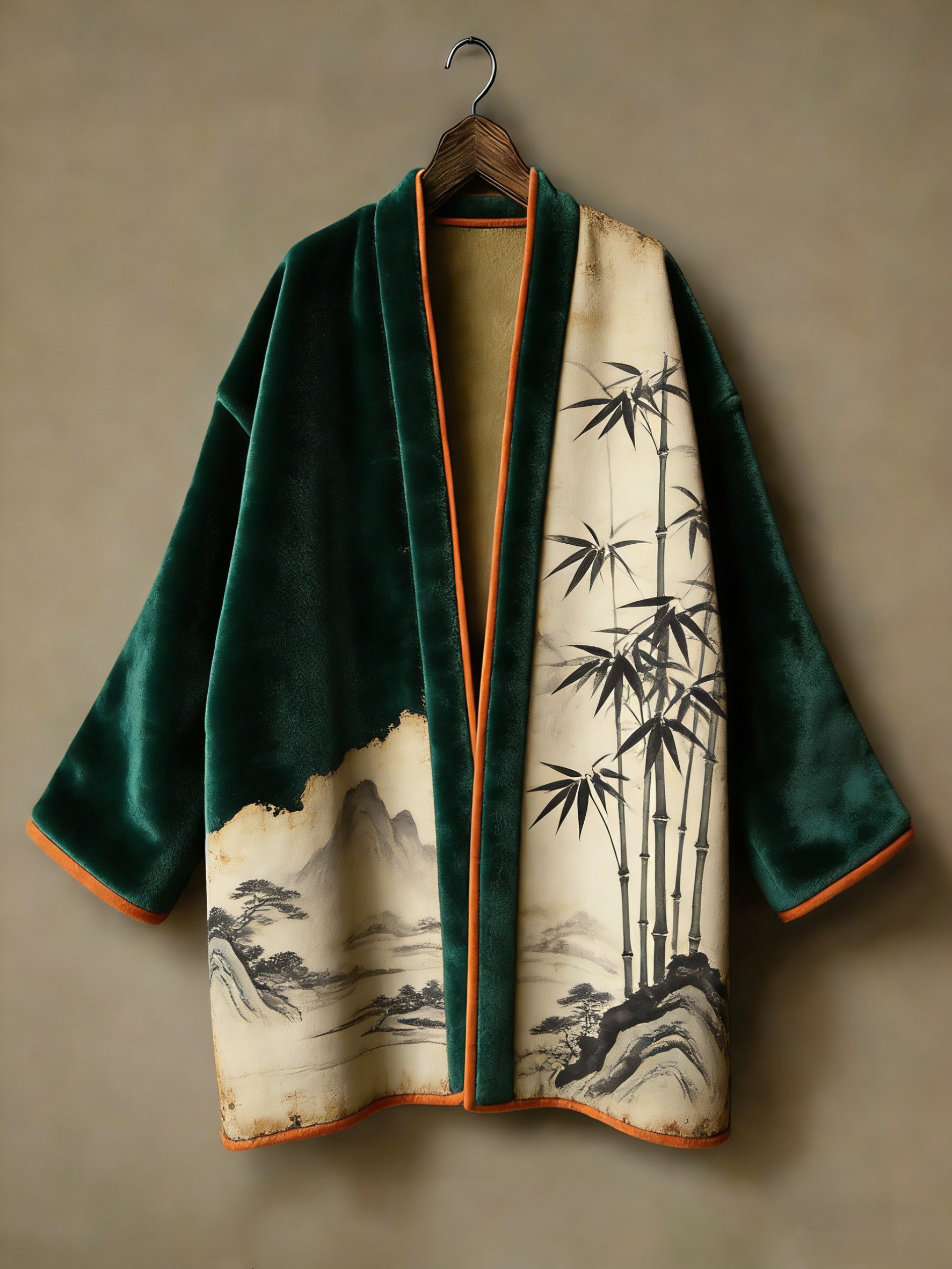 Oriental aesthetic printed flannel embroidered medium and long kimono cardigan