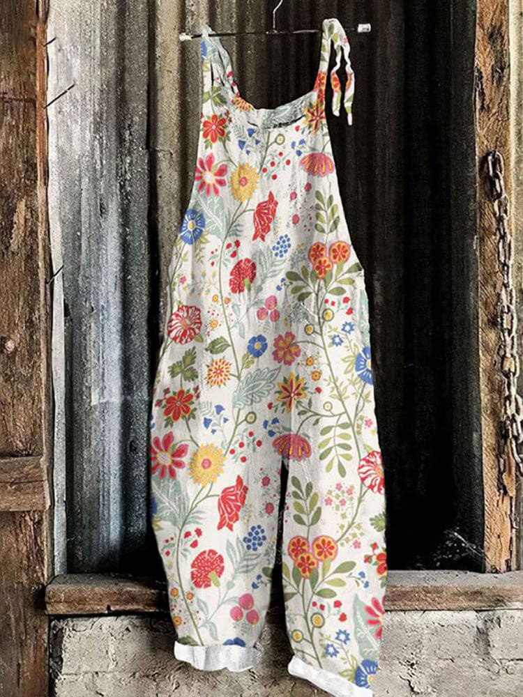 Pastoral Floral Art Print Cotton Linen Casual Jumpsuit