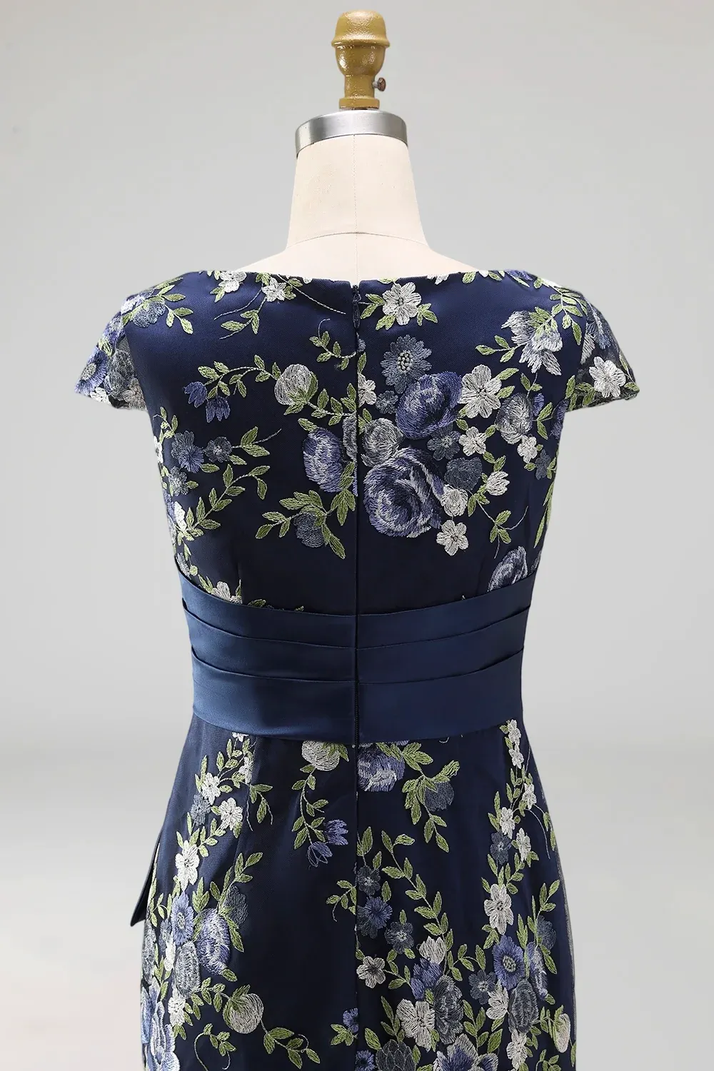 Navy Bateau Neck Cap Sleeve Floral Mermaid Maxi Dress