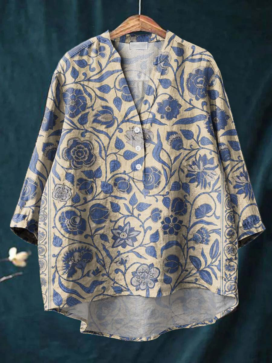 Vintage Floral Art Print Casual Cotton & Linen Shirt