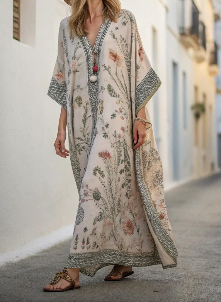 Cotton & Linen Long Sleeve Kaftan Maxi Dress