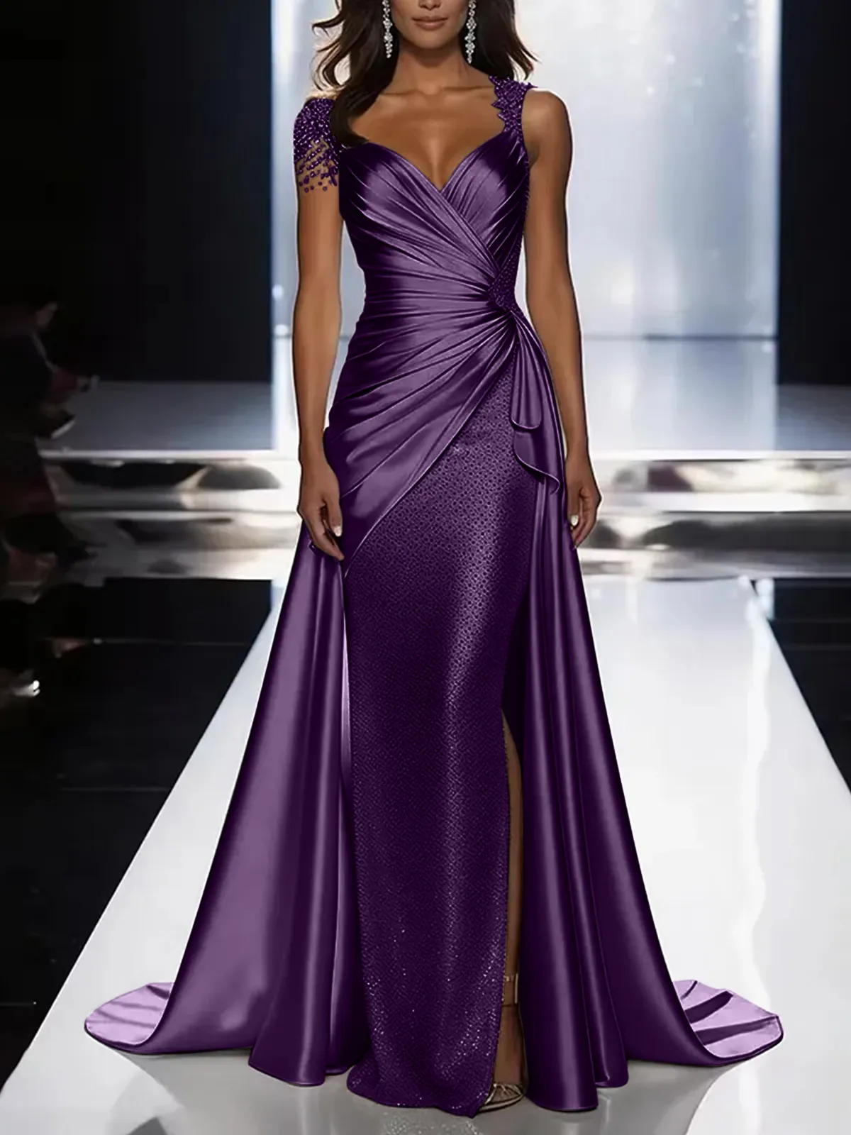Silver Grey Deep V-Neck Draped Satin Metallic Mermaid Maxi Dress