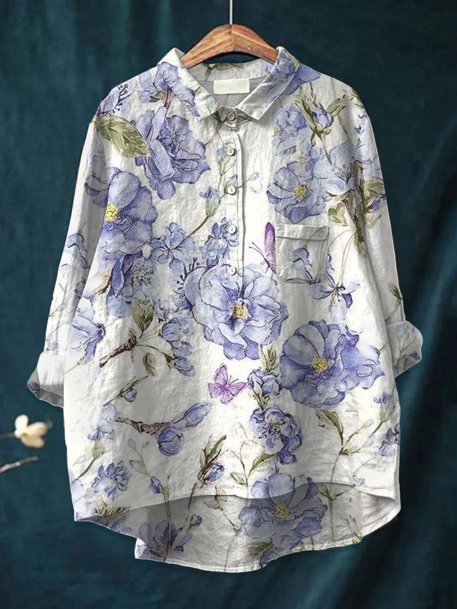 Vintage Flower Art Print Casual Cotton & Linen Shirt