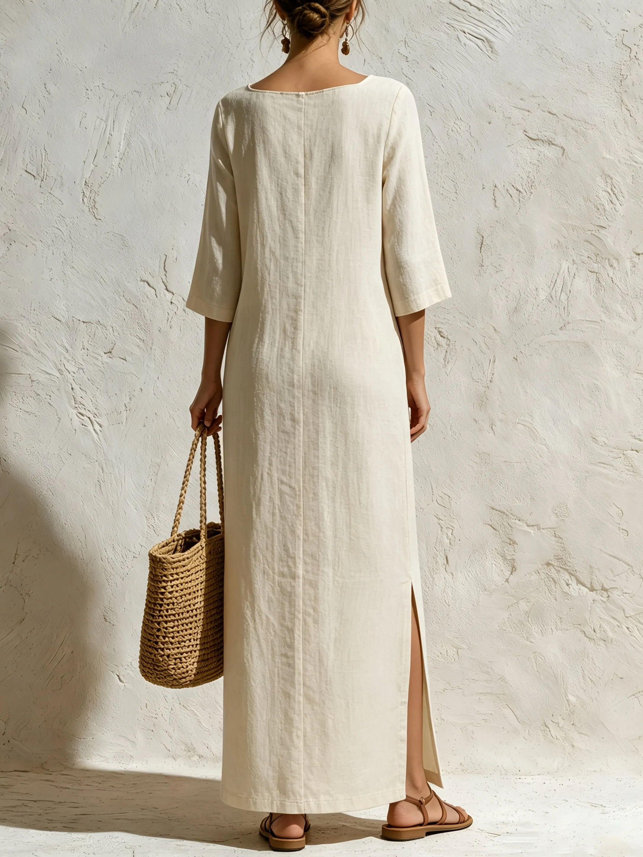 Women’s Minimalist Maxi Dress – Elegant Long-Sleeve Column Dress With Contrast Stripe Detail