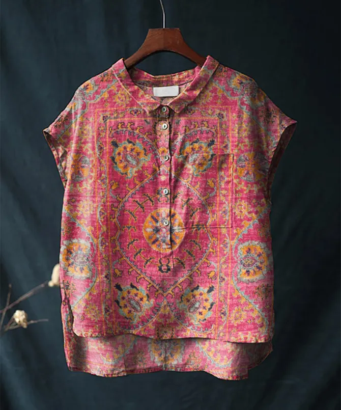 Vintage Ethnic Floral Print Cotton & Linen Short-sleeved Shirt