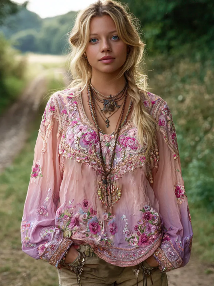 Women's Casual Gradient Purple And Pink Floral Embroidered Linen Long Sleeve Shirt