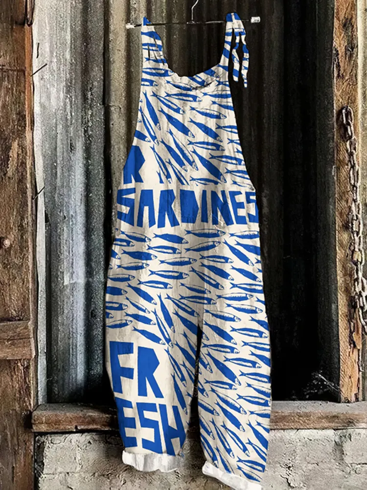 Retro Ocean Sardinas Fish Art Print Linen Loose Casual Jumpsuit