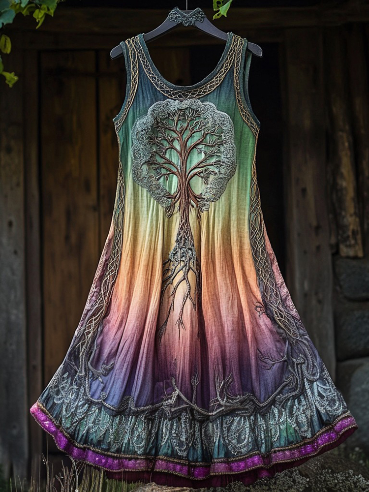 Vintage Tribal Life Of Tree Gradient Art Tank Dress