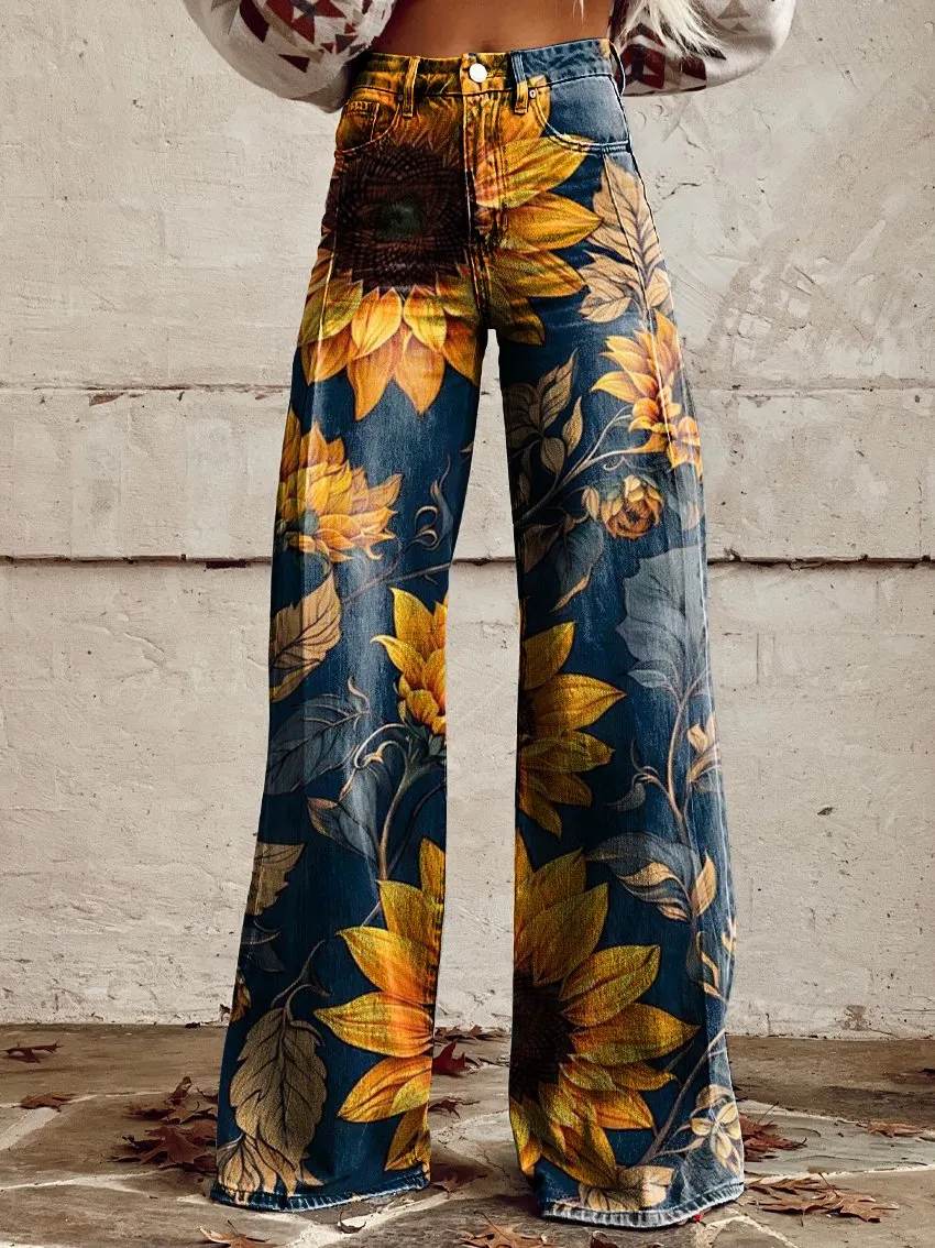 Sunflower Print Women's Print Casual Wide-Leg Pants