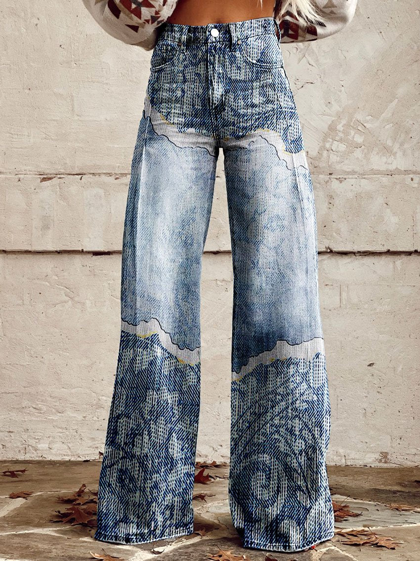 Vintage Texture Print Casual Wide-Leg Pants