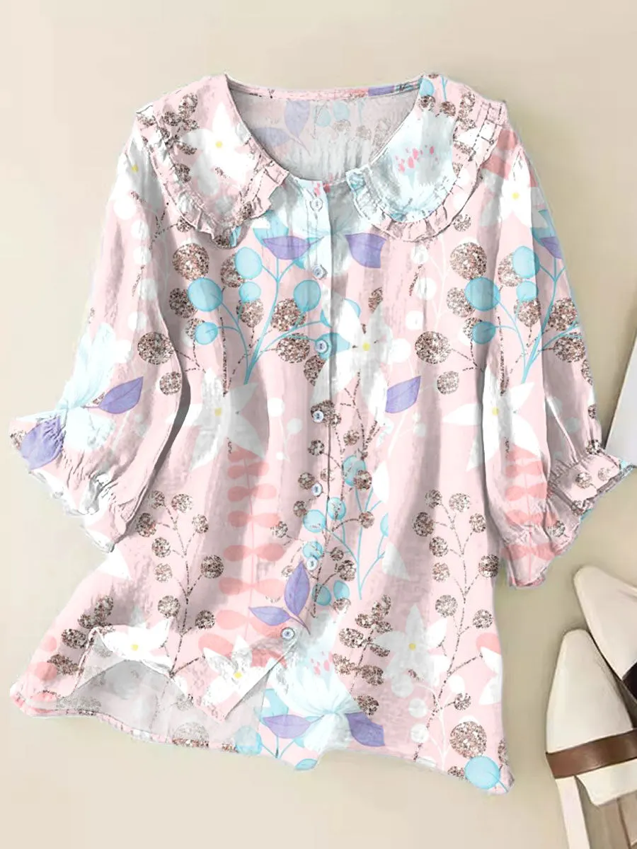 Fresh Floral Art Print Loose Top Peter Pan Collar Half Sleeve Blouses