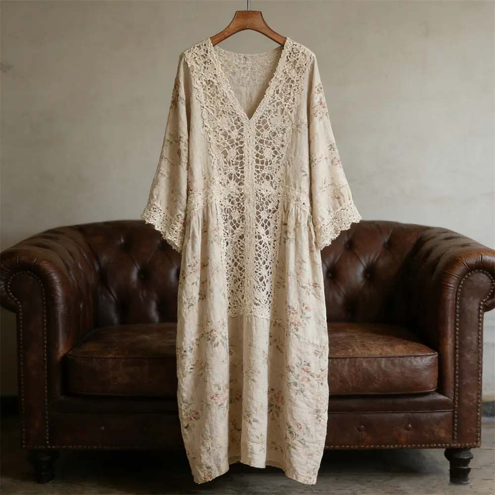 Boho Lace Floral Patchwork Women's Linen V-neck Long Dress