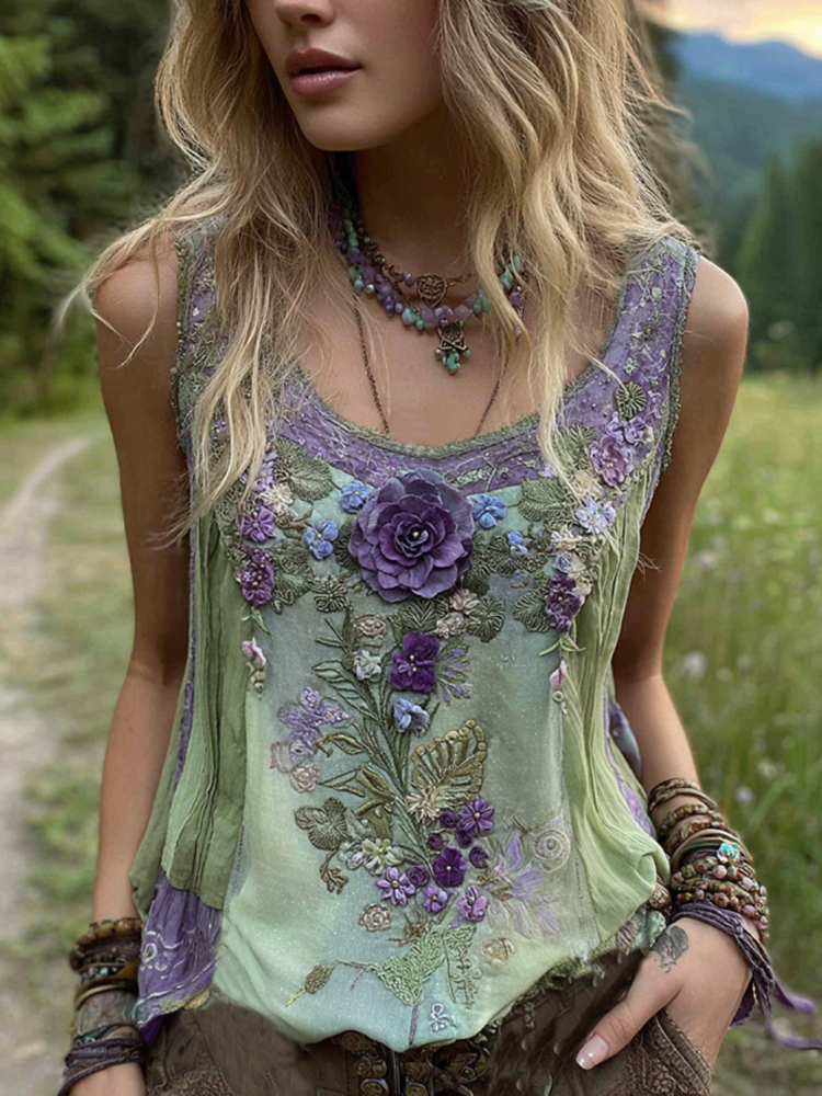 Vintage Classy Gradient Purple Lavender And Floral Embroidered Pattern Tank Top