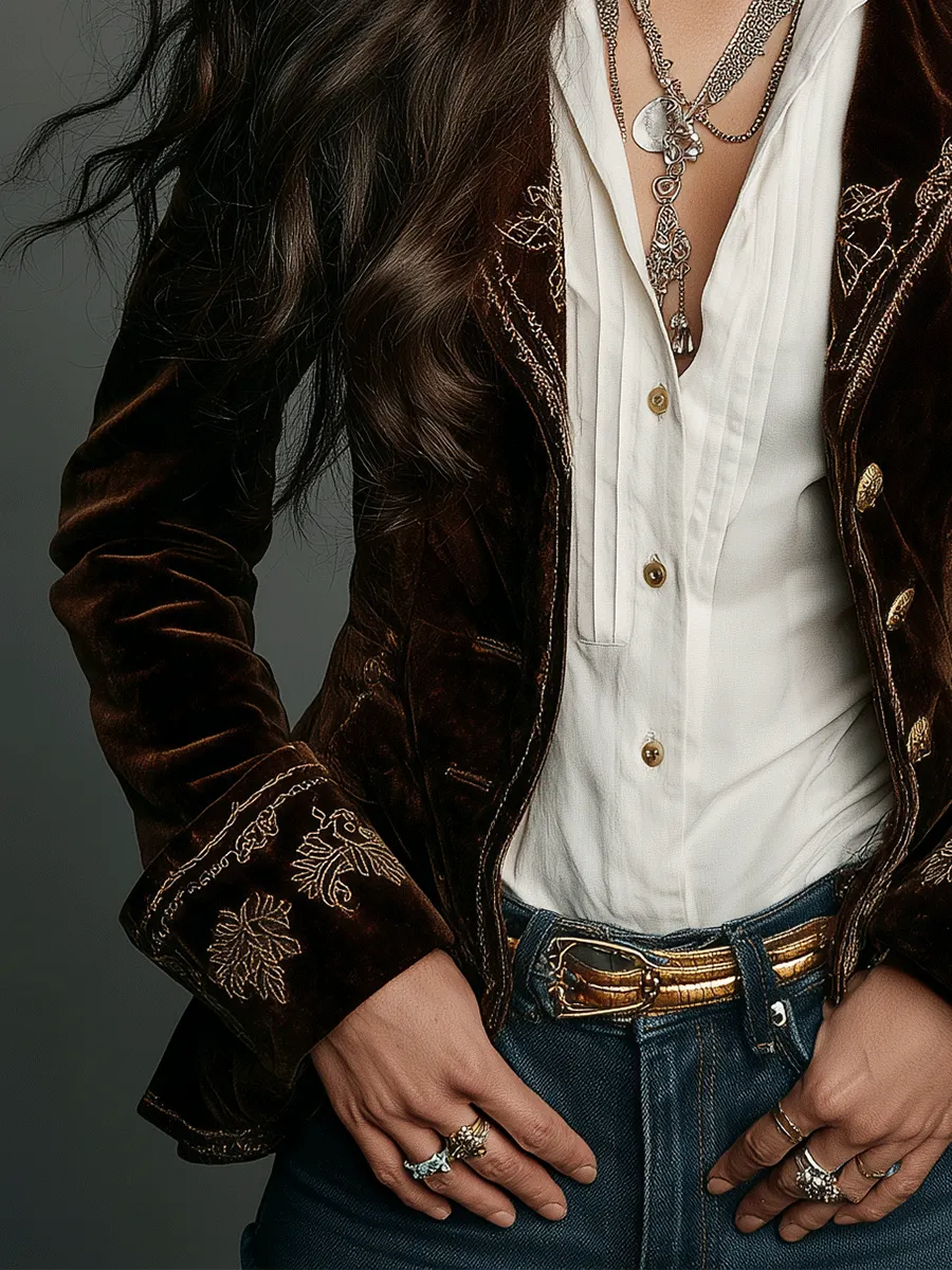 Boho Chocolate Velvet Embroidered Blazer