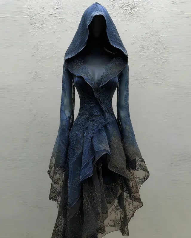 Bohemian style Irregular Ruffle Lace Patchwork Hooded Evening Dress 25b4