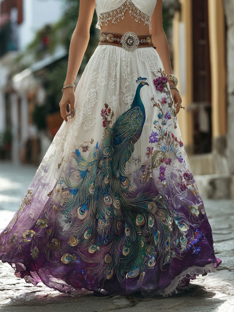 Retro Floral With Peacock Art Linen Blend Casual Maxi Skirt