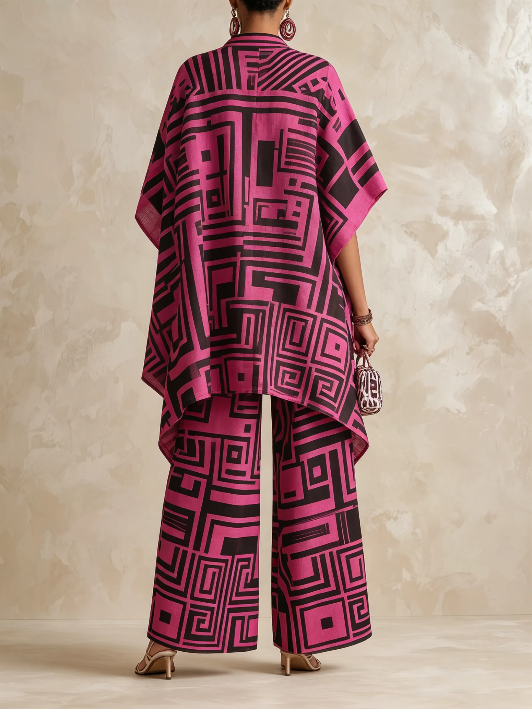 Bold Geometric Print Flowy Kaftan Top & Wide-Leg Pants Set