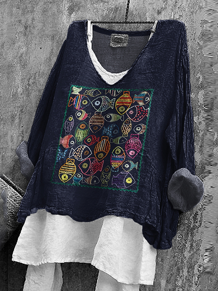 Japanese Fish Art Print V-neck Loose Linen T-shirt