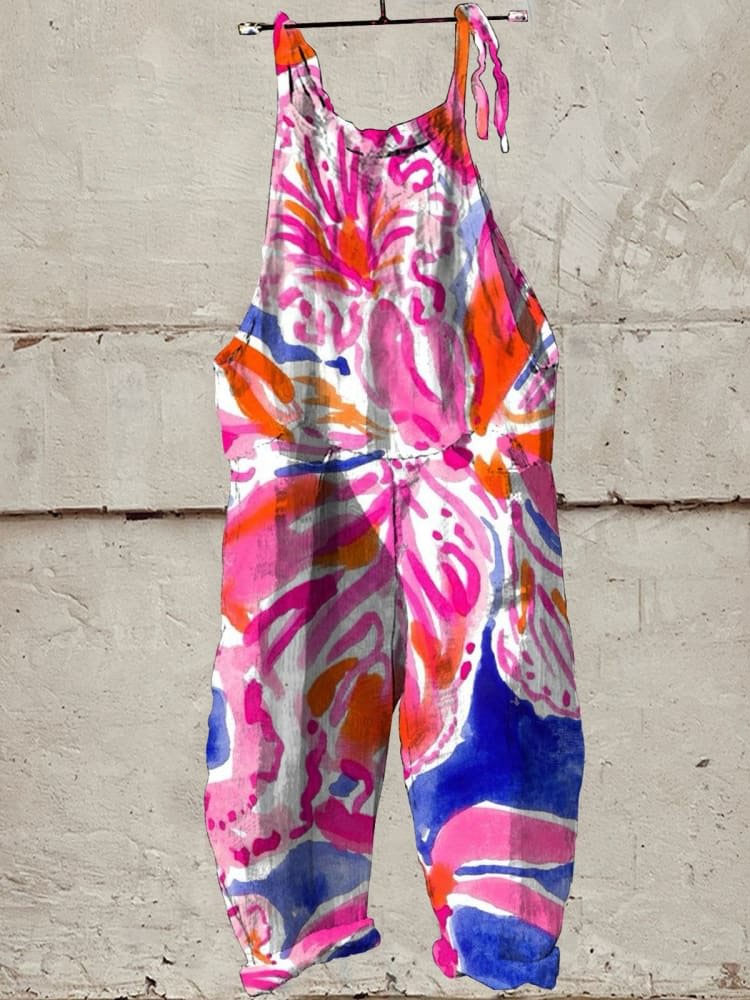 Vintage Lovely Floral Art Print Casual Wide-Leg Jumpsuit