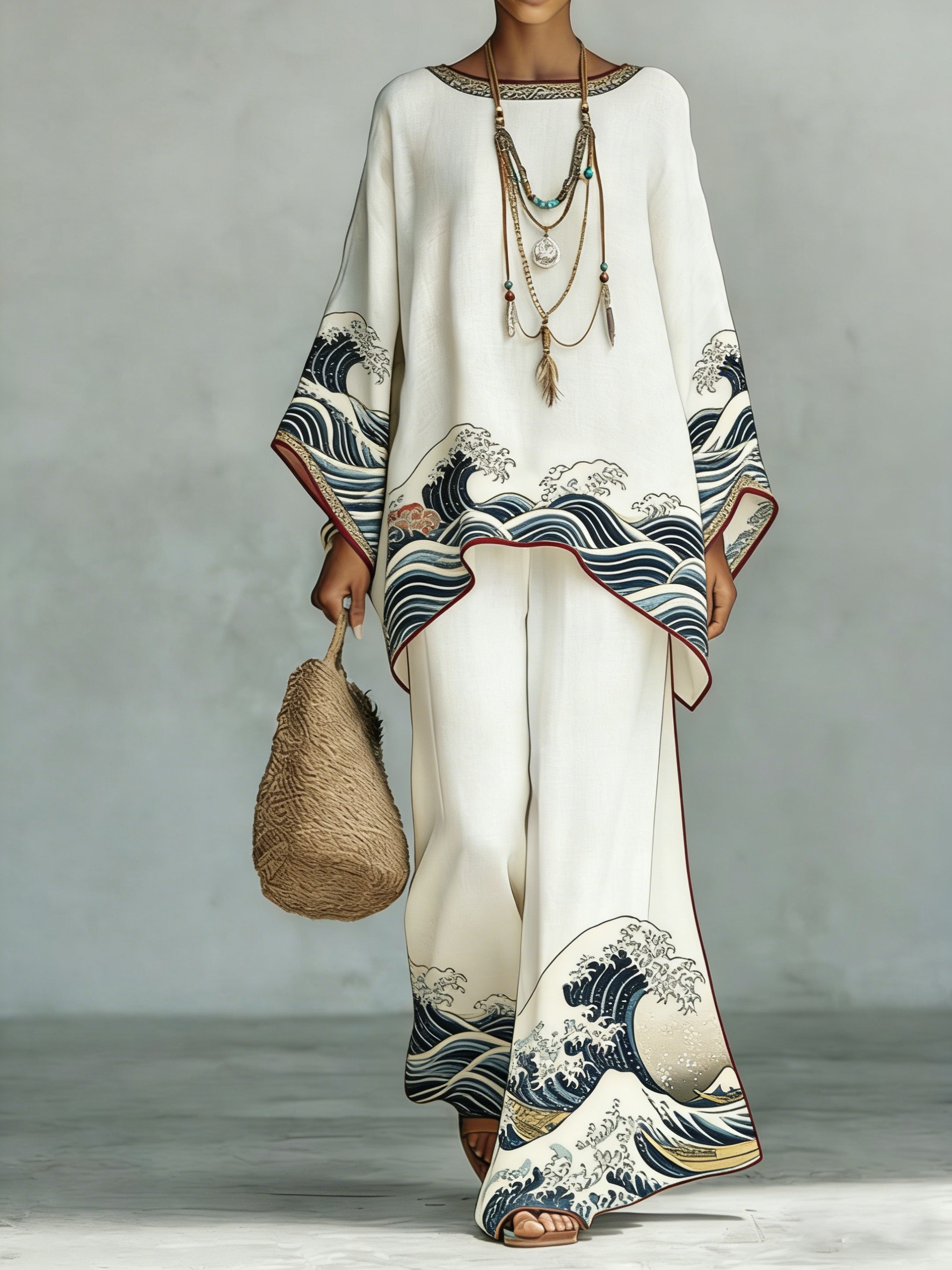 Comfortable & loose print pattern cotton & linen wide-leg pants two-piece set