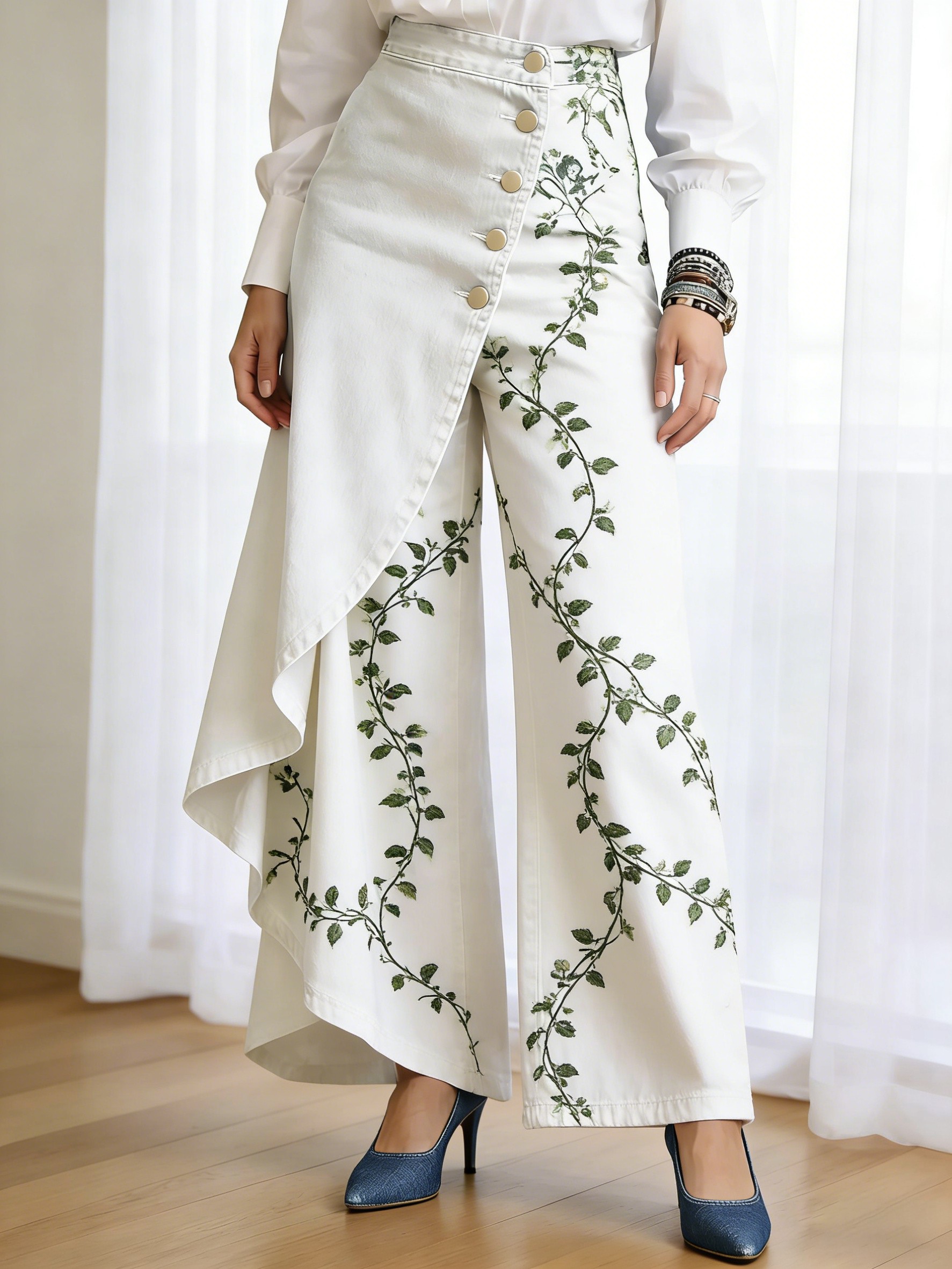 Art Print Casual Washed Denim Cotton Pants