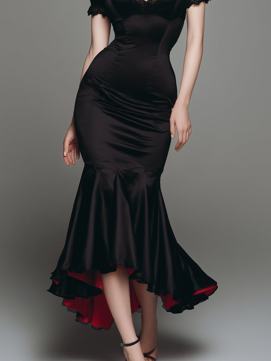 Elegant Satin Red Lined Fishtail Maxi Dress With Lace Trim
